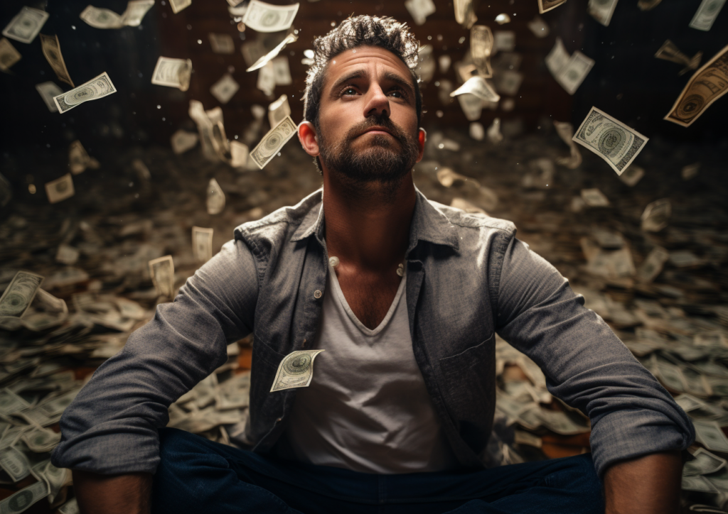 A man surrounded by reflecting on why money matters